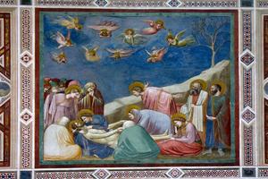 alt: Jako podkladová vrstva pod výmalbu tabulových obrazů se od gotiky používala křída. Giotto di Bondone, Oplakávání Krista (kol. 1305). Zdroj Shutterstock.com