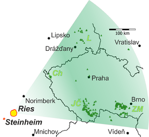 alt: Mapa rozšíření vltavínů. Jednotlivá dílčí pádová pole: JČ jihočeské, ZM západomoravské, Ch chebské a L lužické. Mimo to jsou zobrazeny i solitérní výskyty ve středních Čechách, Rakousku a Polsku. Autor Roman Skála