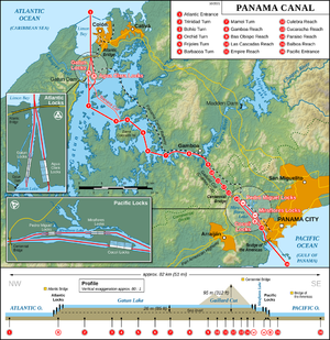 alt: Mapa Panamského průplavu. Zdroj Wikimedia Commons, autor Thomas Römer/OpenStreetMap data, CC BY-SA 2.0